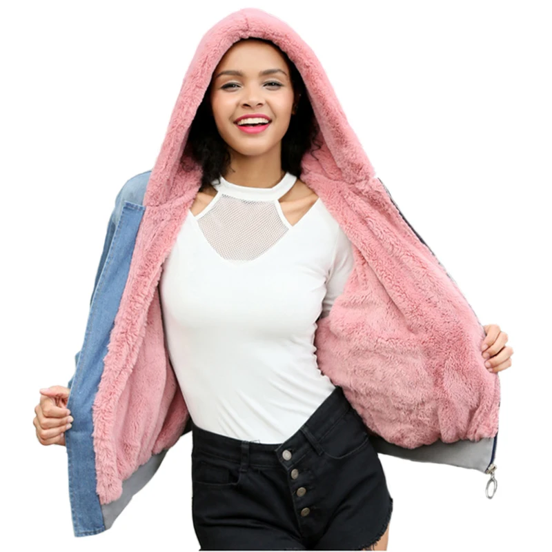 

Winter Fur Hooded Denim Jacket For Women Thick winter jacket women parka Loosen Plus Size womens coat with fur Outwear