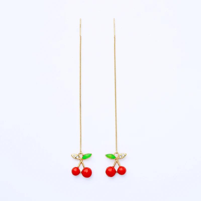 Charm Zircon Sweet Fruit Red Cherry Long Earrings For Women Lovely Ear Line Threader Best Gift Fashion Jewelry | Украшения и