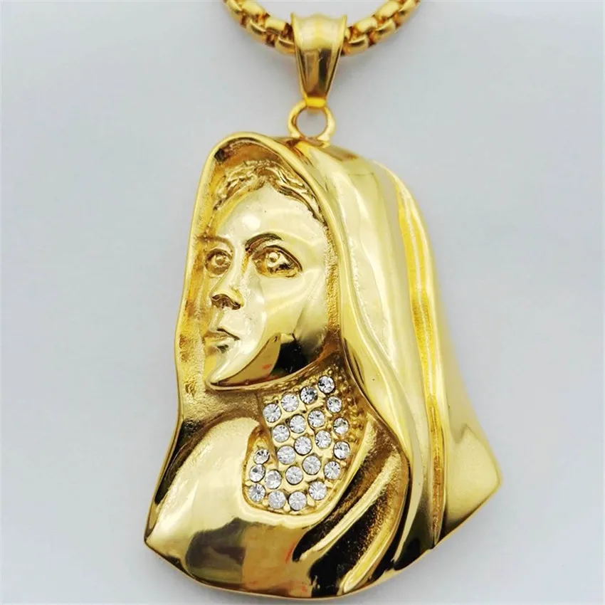 Хип-хоп Iced Out Девы Марии золотые ожерелья и подвески Цвет Нержавеющая сталь цепочку для Для женщин христианской ювелирных изделий Мадонна XL1063