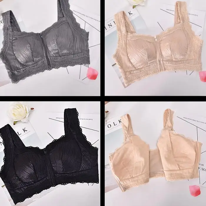 Women Bra Lace Wireless Push Up Front Zipper U Back Underwear LF88