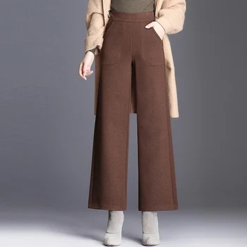 

Winter Fall Fashion Office Lady Women Elastic High Waisted Wide Leg Woolen Pants , 2018 Woman 5xl 6xl Loose Black Wool Trousers