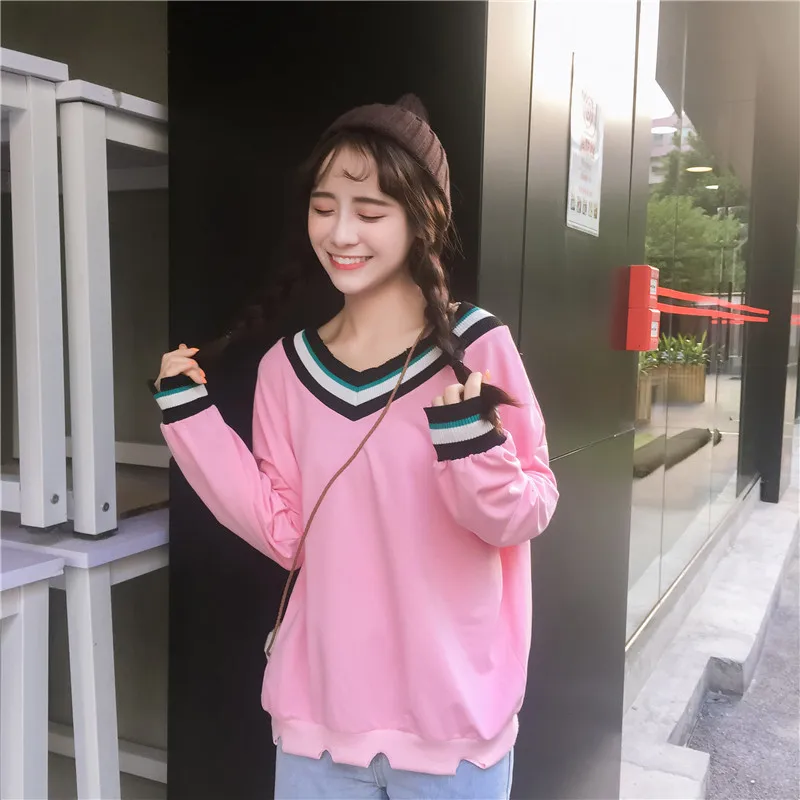 

Women's Sweatshirts Vintage Thick Ulzzang Thread Color Matching V Neck Sweatshirt Female Vintage Kawaii Cute Jumper For Women