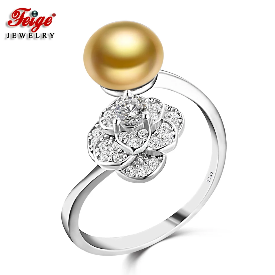 

Flower 925 Sterling Silver Pearl Finger Ring for Women Anniversary Jewelry 8-9MM Golden Pearls Cubic Zirconia Charms Rings FEIGE