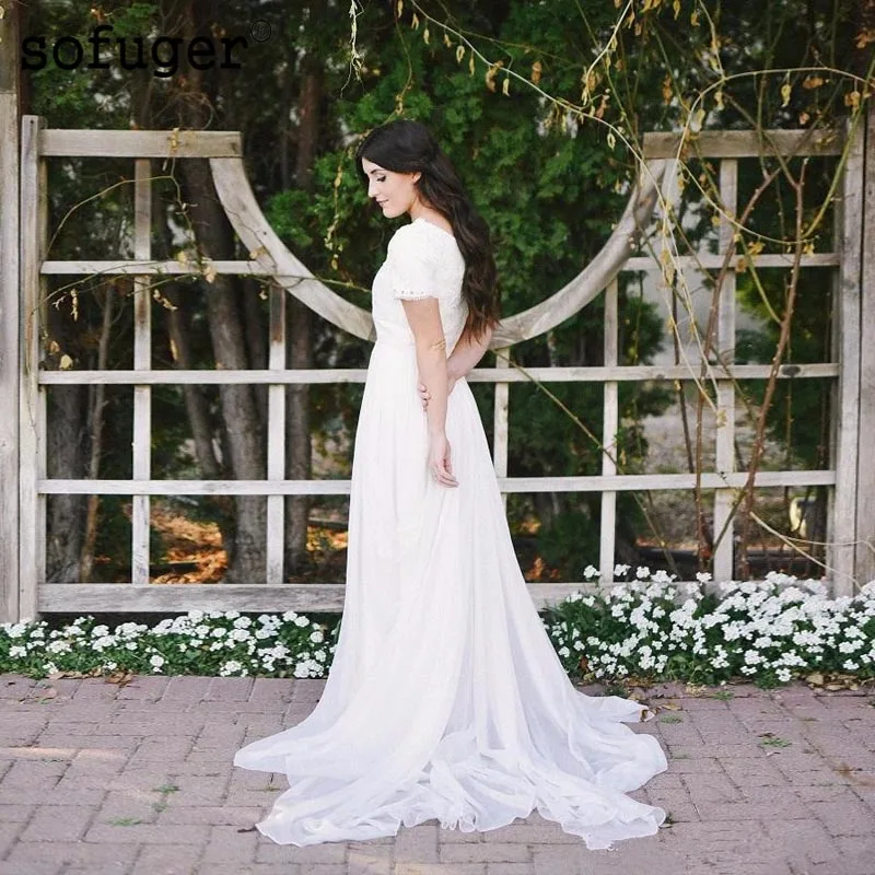 2019 Chiffon Modest Beach Wedding Dresses Short Sleeves