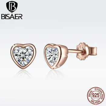 

3 Colors 925 Sterling Silver Love Heart Stud Earrings Rose Gold Color Clear CZ Heart Stud Earring Female Brincos Fashion Jewelry