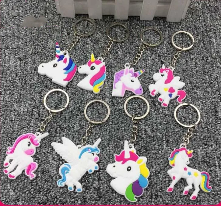 

Cartoon Unicorn Keychain PVC Soft Rubber Doll Pendant Rainbow Horse Crafts key ring