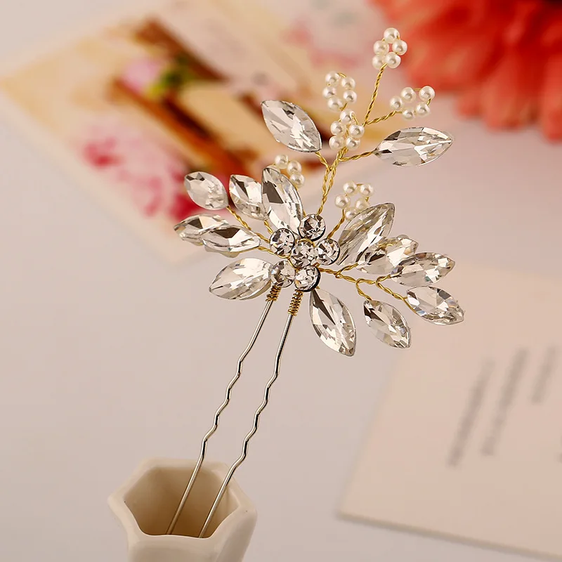 

1PCS Silver Crystal Flower Leaf U shape Hair Sticks Pearl Clip Vintage Pins Wedding Hair Accessories Rhinestone Bride Head Piece