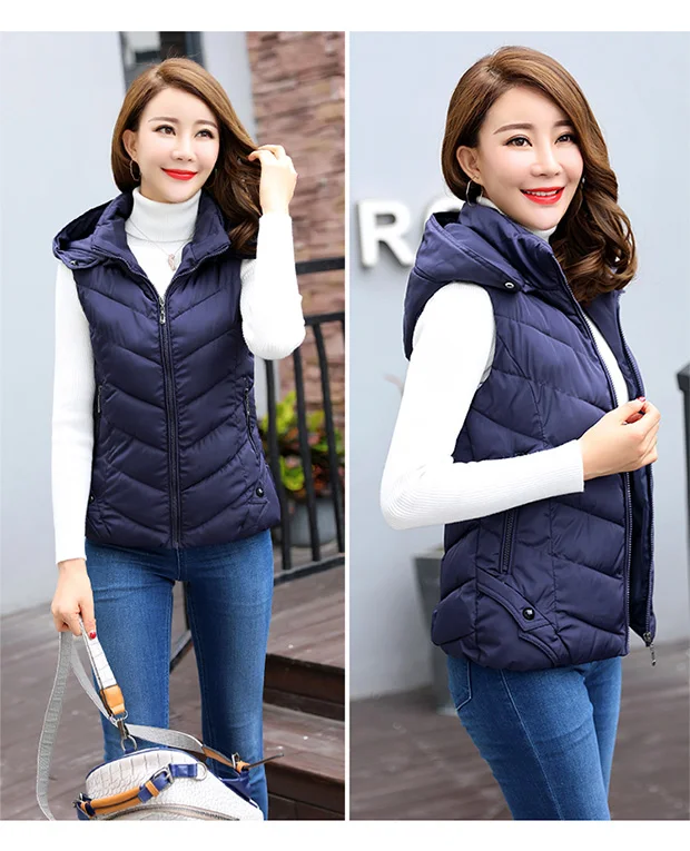 Корейский женский жилет осень зима толстый жилет съемный капюшон жилет с капюшоном размера плюс пальто без рукавов 4XL - Цвет: Тёмно-синий