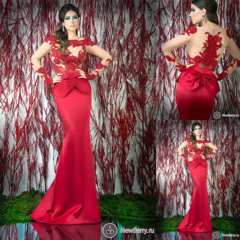 

Hot Sale 2015 dresses Long Trumept vestidos de festa longo elegant dress party Lace Applique Long Sleeve Peplum Evening Dresses