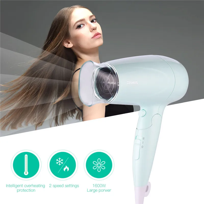 

Riwa Foldable Hair Dryer 1600W Household Blow Hairdryer Hanging Loop Overheating Protection Mini Travel Portable Hair Dryers 323