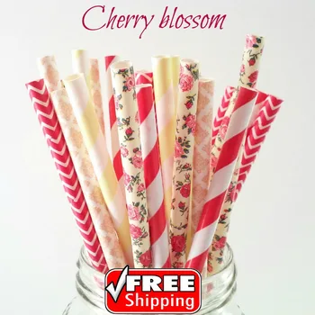 

250pcs Mixed 5 Designs CHERRY BLOSSOM Themed Paper Straws-Light Yellow,Peach,Red-Striped,Chevron,Damask,Floral Garden Summer