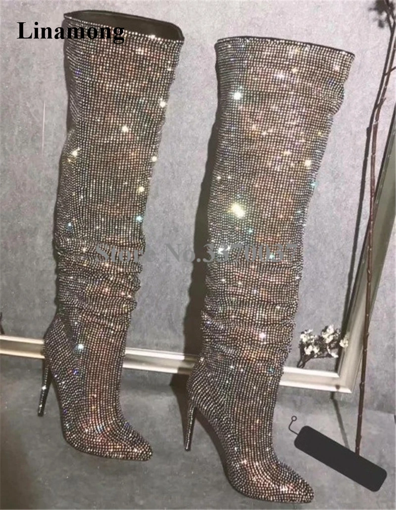 Nieuwe Ontwerp Vrouwen Mode Wees Teen Bling Bling Over de Knie Rhinestone  Laarzen Kristal Lange Hoge Hak Laarzen Luxe Dunne Hak laarzen|rhinestone  boots|high heels bootsboots designer - AliExpress