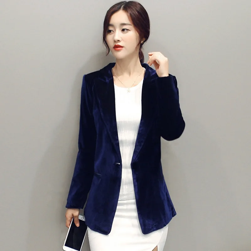 2017 Women Velvet Blazer Women Jackets & Blazers Blue