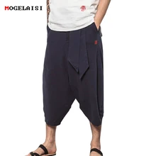 Новые мужские шаровары на шнурке, льняные хлопковые свободные брюки с вышивкой, льняные мужские брюки с низкой промежностью, льняные брюки, большие размеры M-5XL