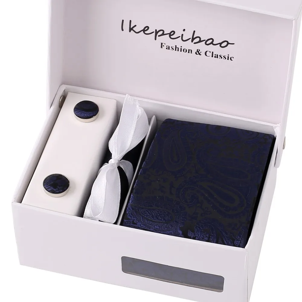 Ikepeibao Novelty Men Ties Sets Hanky Cufflink Clips w Gift Box Stripes