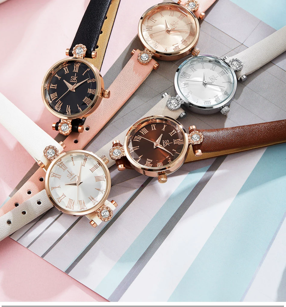 Shengke роскошные женские часы, кварцевые часы с кожаным ремешком, Кристальный циферблат, украшение, водонепроницаемые женские наручные часы, Relogio Feminino