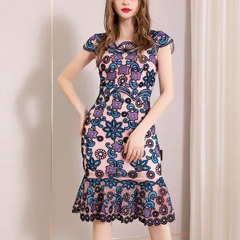 

Women's embroidered pencil dress New 2019 summrt short sleeves slim dress A185