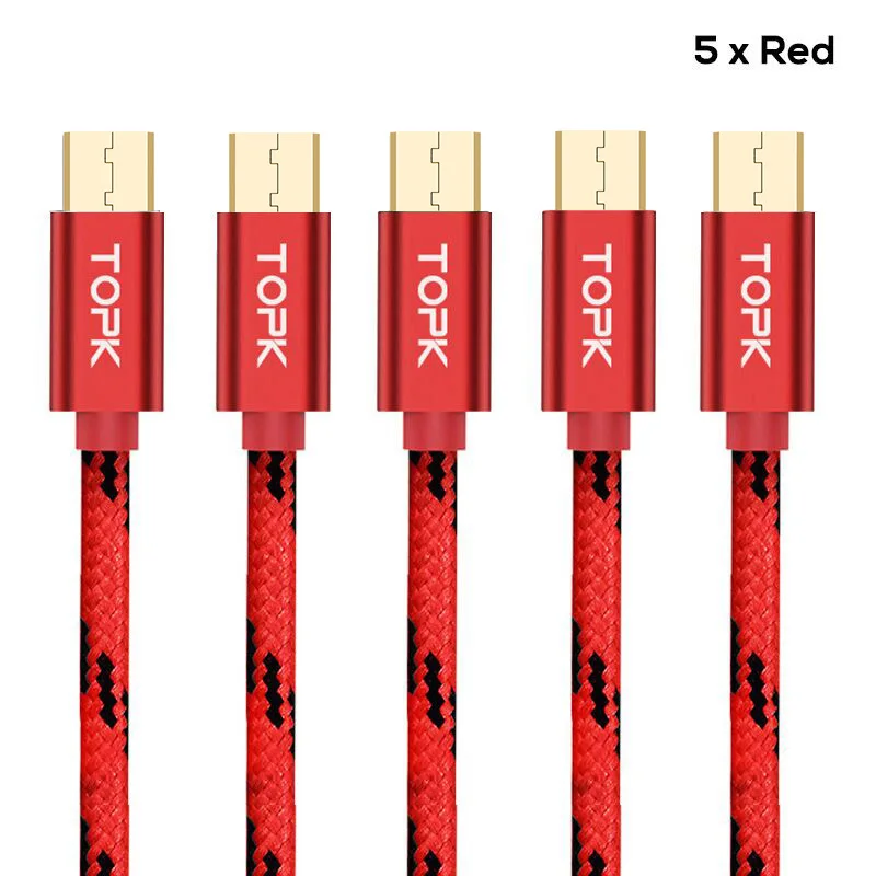 TOPK [5-Pack] 5 V/2,4 A(макс.) Micro USB кабель, нейлоновый плетеный металлический корпус позолоченный зарядный кабель для samsung/Xiaomi/huawei - Цвет: 5 x Red