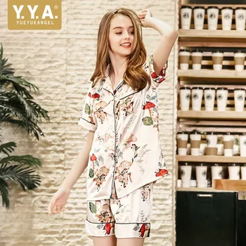 

Korea Summer Women Sweet Cute Print Pajamas Sets Short Sleeve Single Breasted Lapel Top And Elastic Waist Shorts Nightweat Set