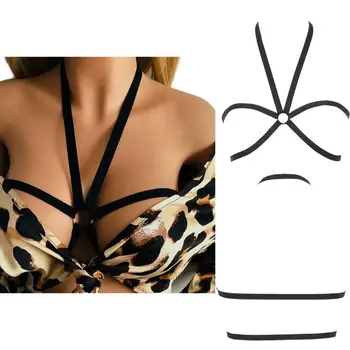

Women Erotic Halter Strappy Bandage Caged Bra Hollow Open Cup Lingerie Body Harness Bustier V-Neck Backless Metal Ring Bralette