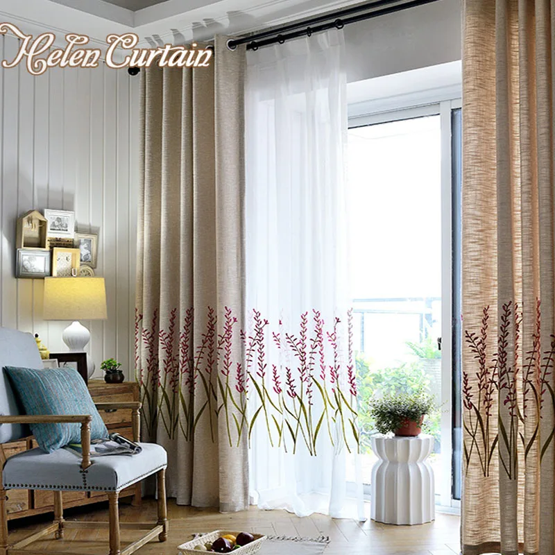 

Modern Embroidered Curtains Leaves Curtains For Living Room Linen Breathable Purple Flowers Curtains For Bedroom FlyingDancing06