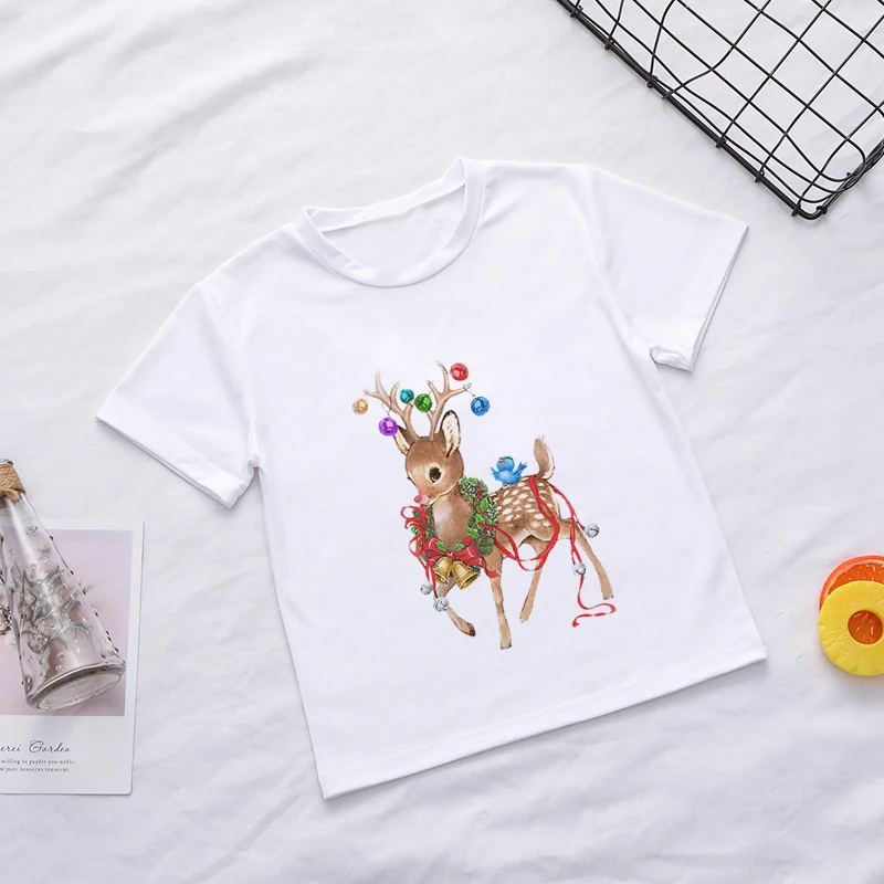 New Shirt Baby Girl Leisure Fashion Christmas Elk Print Design Kids T-shirt Funny Summer Short Sleeved Boys Clothes O-neck