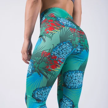 

2019 New Fashion Blue Pineapple Printed Yoga Leggings For Women Gym Leggings High Elastic Fitness Leggings Running Sport Pants