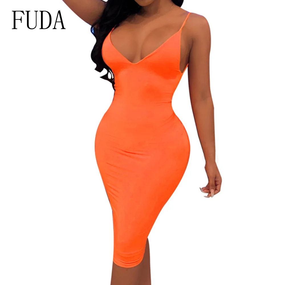 

FUDA Sexy Deep V Neck Backless Summer Dress Neon Green Pink Spaghetti Bodycon Sundress Sleeveless Package Hip Slim Dress