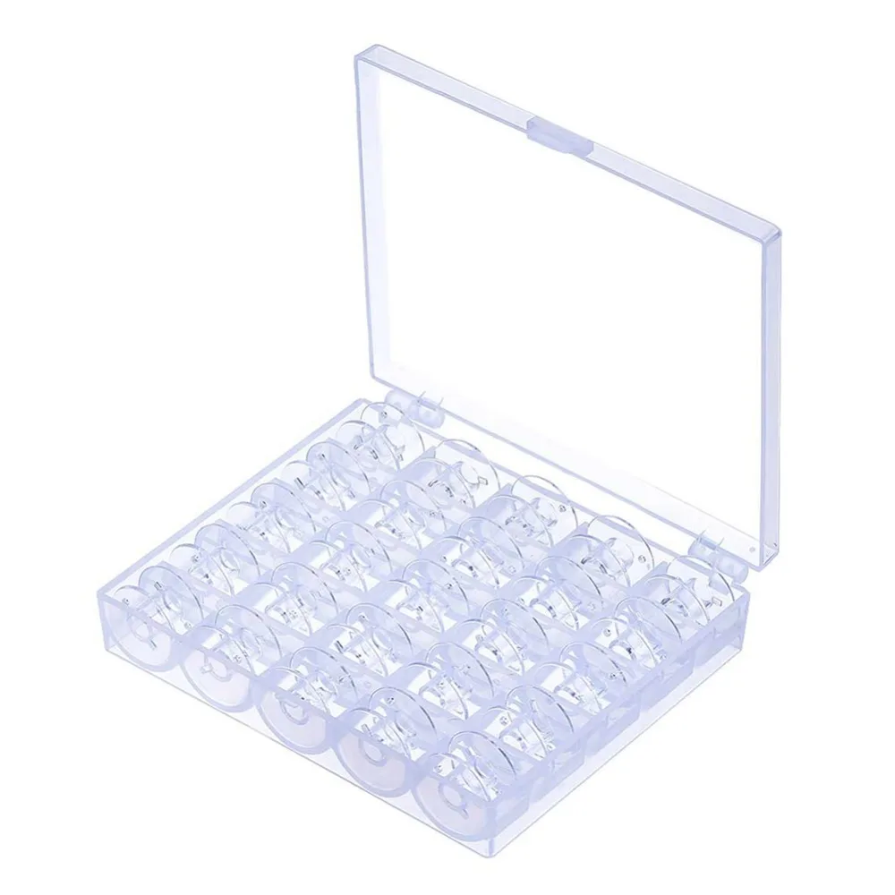 

25Pcs Stainless Steel Sewing Machine Bobbins Spools Empty Bobbins Spools Sewing Machine Plastic Storage Box for Needlework