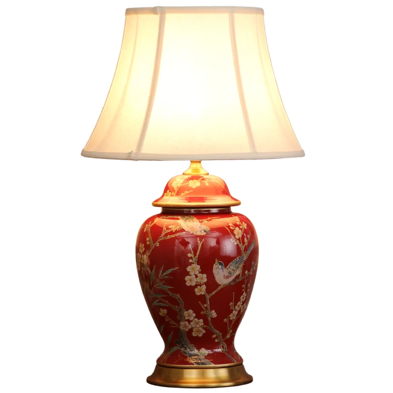 Керамическая лампа в китайском стиле, птица, цветок, для гостиной, свадебная лампа, красная креативная Свадебная американская прикроватная лампа для спальни