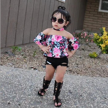 

Children's denim suit girl's floral off-shoulder top + ripped denim shorts with matching headband outfit Free shipping