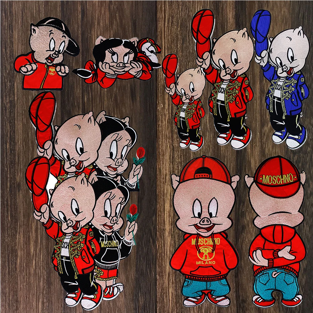 

1pc Large Embroidery Cute Cap Pig Patches Flower Applique Sewing on Fashion Brand Clothes Front Back Sides Badge TH1518