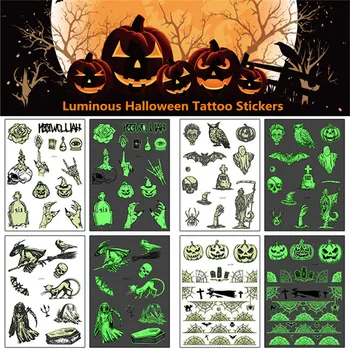 

1pc Halloween Luminous Tattoo Ghost Skull Taty for Kid Fake Tattoos Bat Death Witch Glowing In Dark Waterproof Temporary Sticker