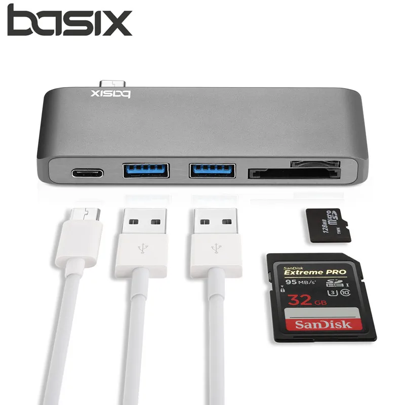 Basix usb Тип C адаптер концентратор с 2 порта USB 3,0, SD и Micro SD карты слотов и порт зарядки для MacBookPro USB C концентратора