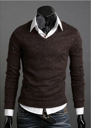 Новое поступление осень Для мужчин; вязаный свитер толстые плюшевые шерсть Свитер с V-образным вырезом дна 4 Размеры 6 цветов - Цвет: Coffee