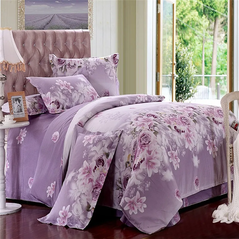 Хлопок фиолетовый наборы постельных принадлежностей с цветочным рисунком King queen размер 4 шт. супер мягкий Пододеяльник Простыня наволочка наборы текстиля для дома