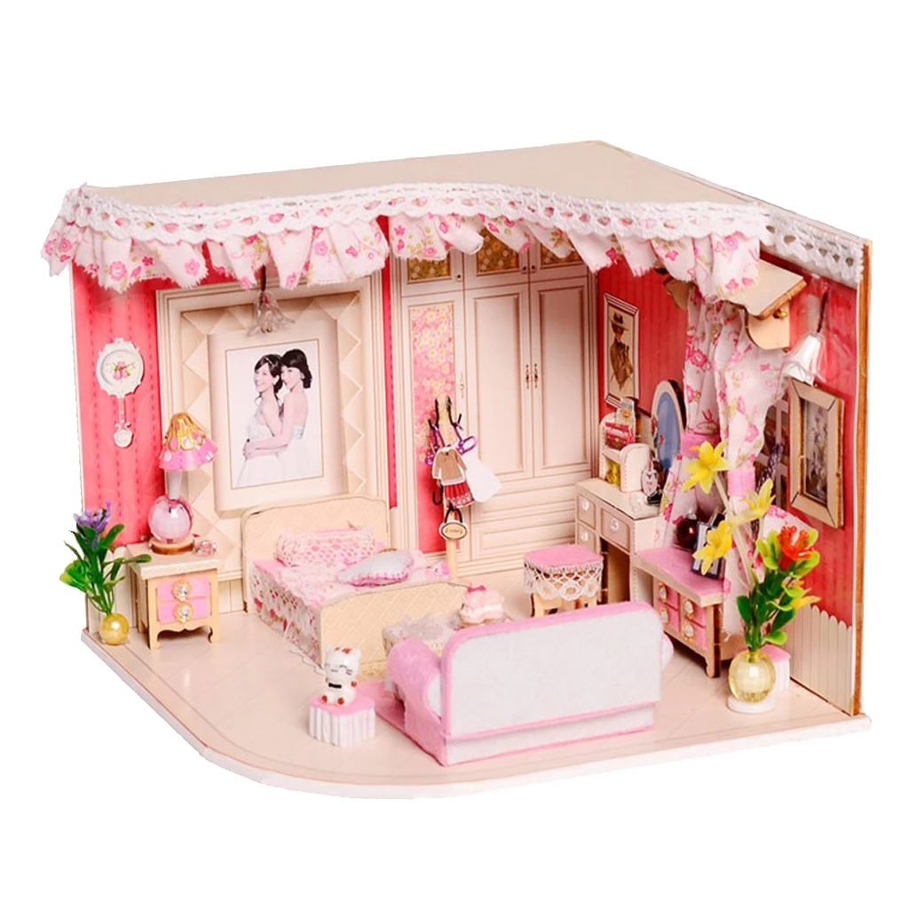 Casa de muñecas de madera para manualidades, modelo de apartamento de  recuerdos rosas en miniatura, Kits de muebles de luz LED, regalos de  cumpleaños y boda|Casas de muñecas| - AliExpress