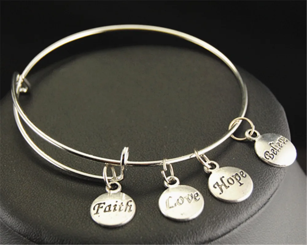 Inspirational Letters Faith Love Hope Believe Round Charm Wire Inspirational Letters Faith Love Hope Believe Round Charm Wire Expandable Bangle Bracelets Jewelry Gifts E151 In Bangles From Accessories On