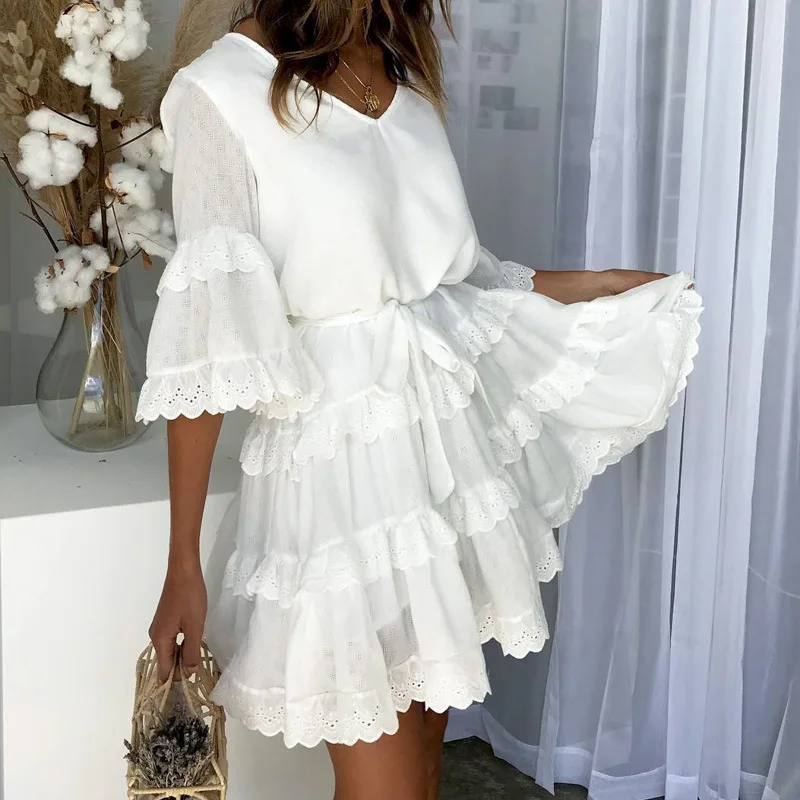 

2019 Spring and Summer Elegant Women Dress V-collar Bell Sleeve Women's Lotus Leaf Edge Cake Dress Casual A-Line Ruffles