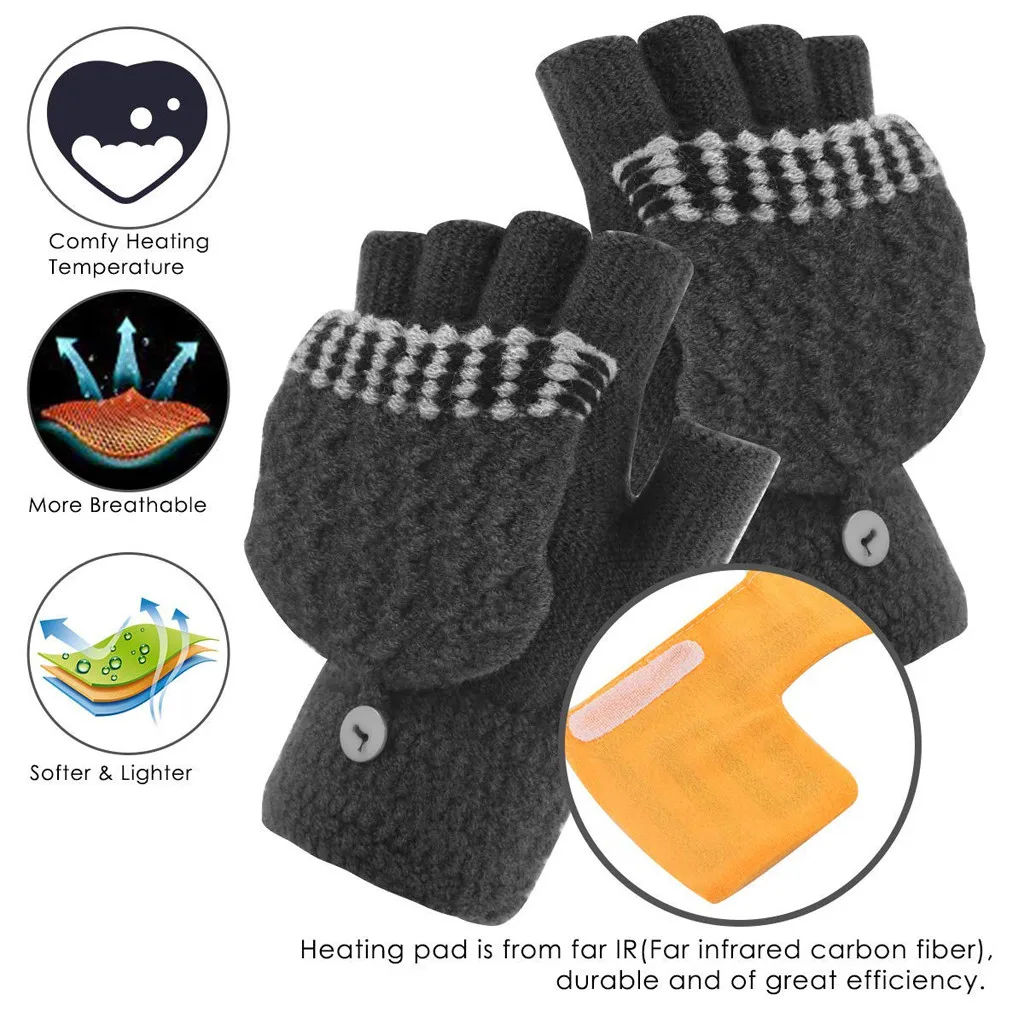 Chamsgend, зимние теплые женские перчатки для зарядки, для ноутбука, для женщин, мужчин, USB, с подогревом, рукавица, полный и полпальца, зимние теплые вязаные перчатки#35
