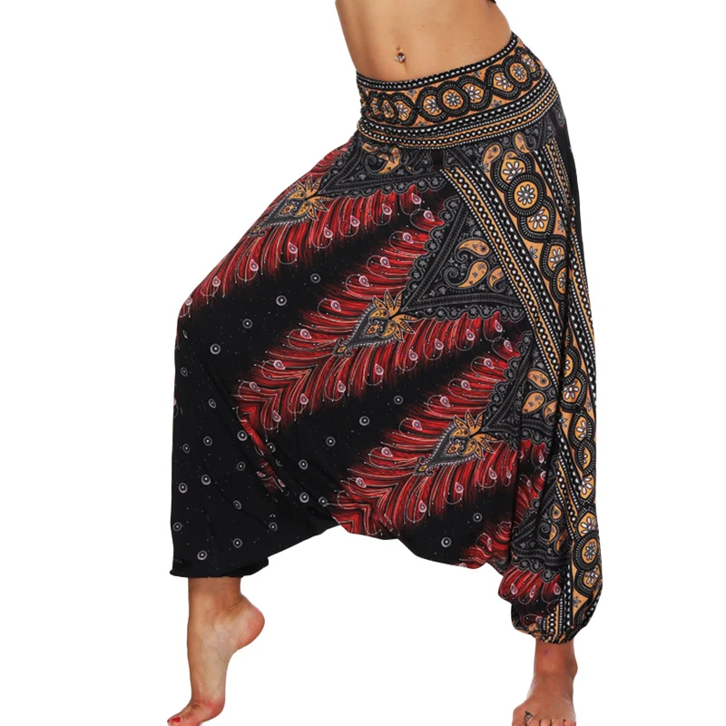 One Size Women Thai Indian Harem Trousers Comfy Boho Pants Long Beach Summer Pants Casual Loose Low Cut Floral Trousers