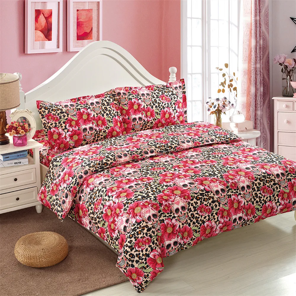 Luxury Pink Bedding Set Cherry Blossoms Sugar Skull Print Duvet Cover Sweet Bedclothes Pillow