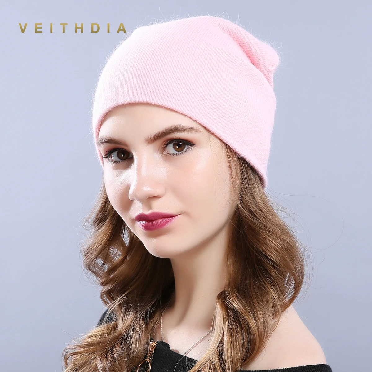 VEITHDIA, женские шапки, женские, шерстяные, повседневные, Осень-зима, брендовые, новые, двухслойные, толстые,, одноцветные, вязаные, для девочек, Skullies Beanies - Цвет: Розовый
