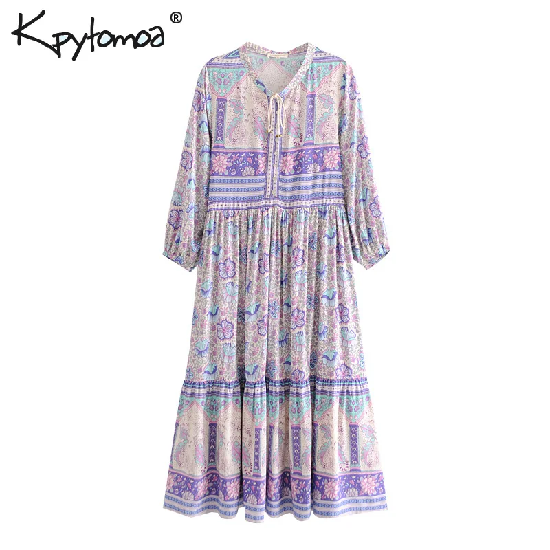 Billig Boho Chic Sommer Vintage Ethnische Floral Print Midi Kleid Frauen 2019 Fashion Long Sleeve Gefaltete Strand Dame Kleider Femme Vestidos