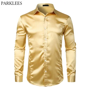

Gold Smooth Silk Satin Dress Shirt Men Slim Fit Long Sleeve Chemise Homme Casual Wedding Club Party Prom Tuxedo Shirt Male S-2XL
