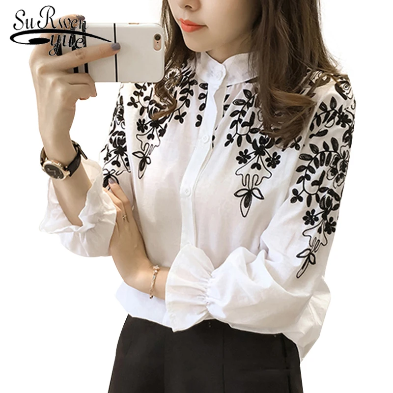 

new fashion 2018 Cotton women Clothing floral Embroidery women Blouse Shirt casual long sleeves white women Tops Blusas 529E 25