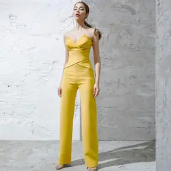 2019 летнее Новое однотонное сексуальное облегающее Боди без рукавов с открытыми плечами элегантный желтый комбинезон