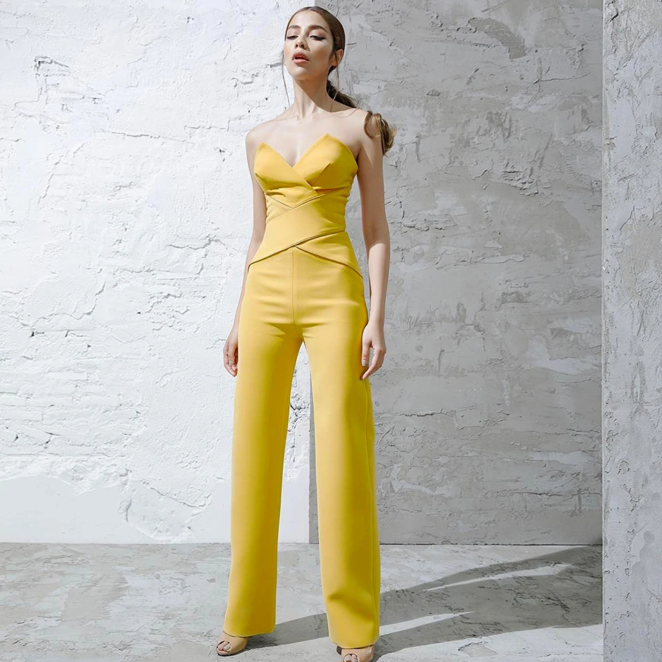 

2019 Summer New Solid Color Sexy Sleeveless Off-Shoulder Slim Jumpsuit Elegant Yellow Jumpsuit
