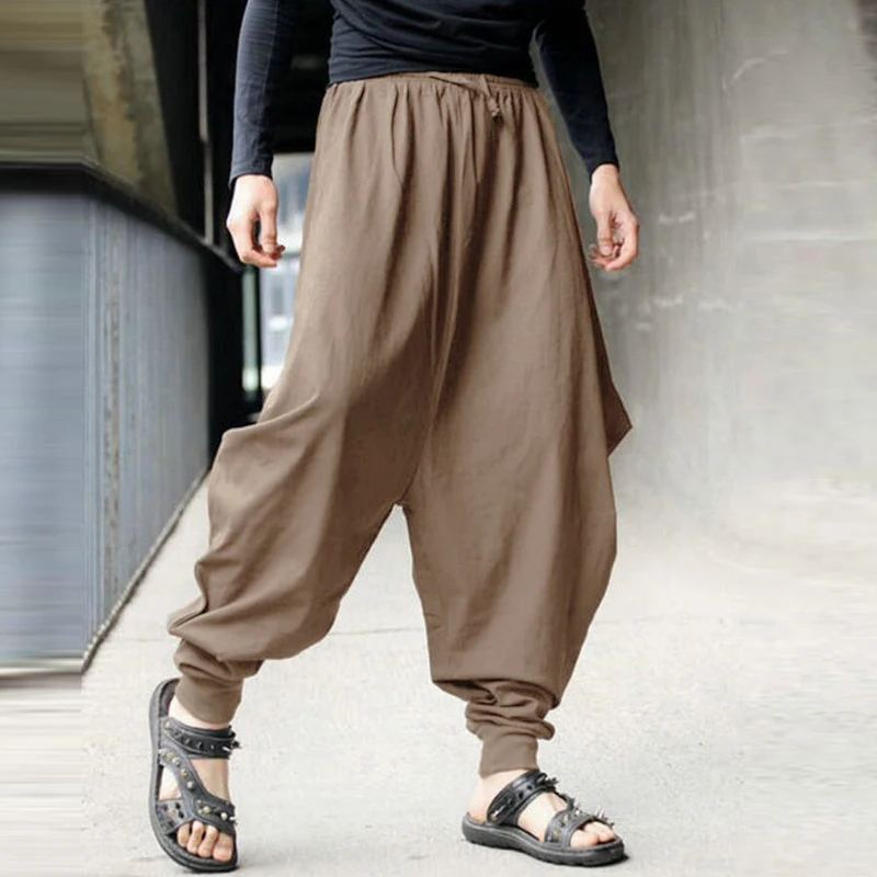 Повседневные стильные мужские мешковатые штаны с большим шаговым швом штаны-шаровары широкие льняной эластичный корсаж свободные брюки-шаровары большого размера - Цвет: Khaki