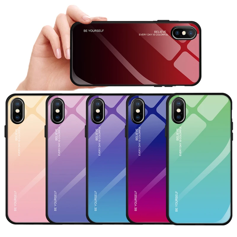 

Gradient Color Tempered Glass Case For iPhone XR XS Max X Luxury Blue Colorful Back Cover Coque For iPhone 7 8 6 6S Plus Case